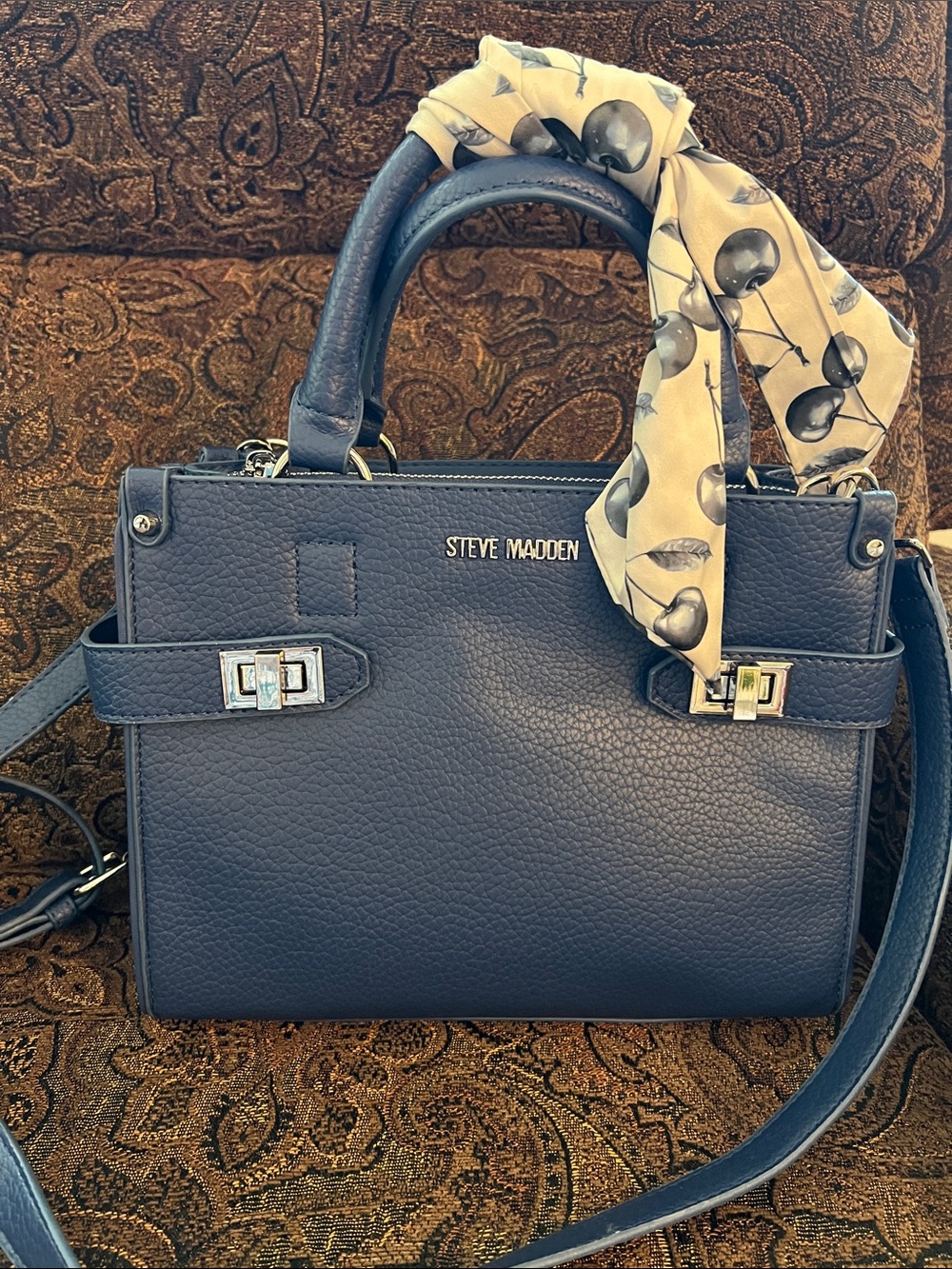 Steve Madden Navy Pebbled Leather Satchel with Scarf Accent